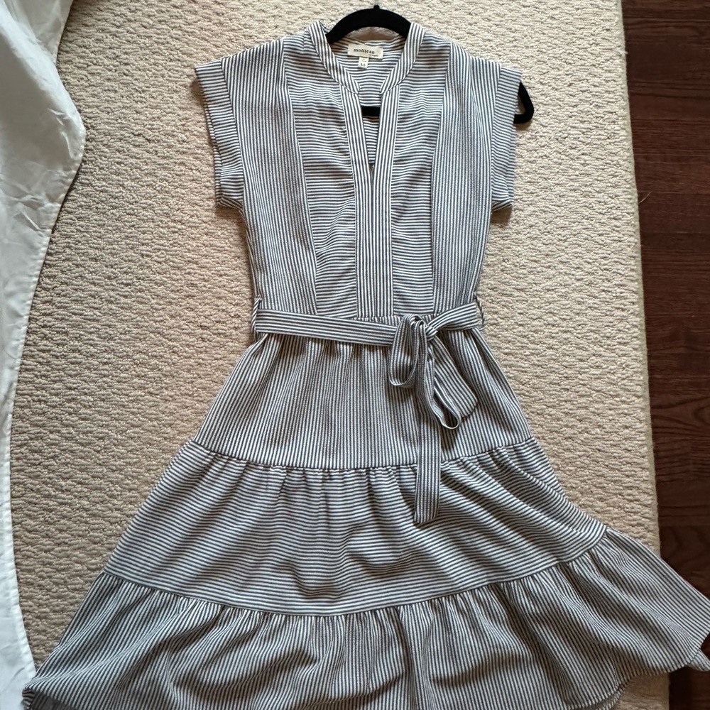 Monteau Blue Striped Midi Dress with Mandarin Collar